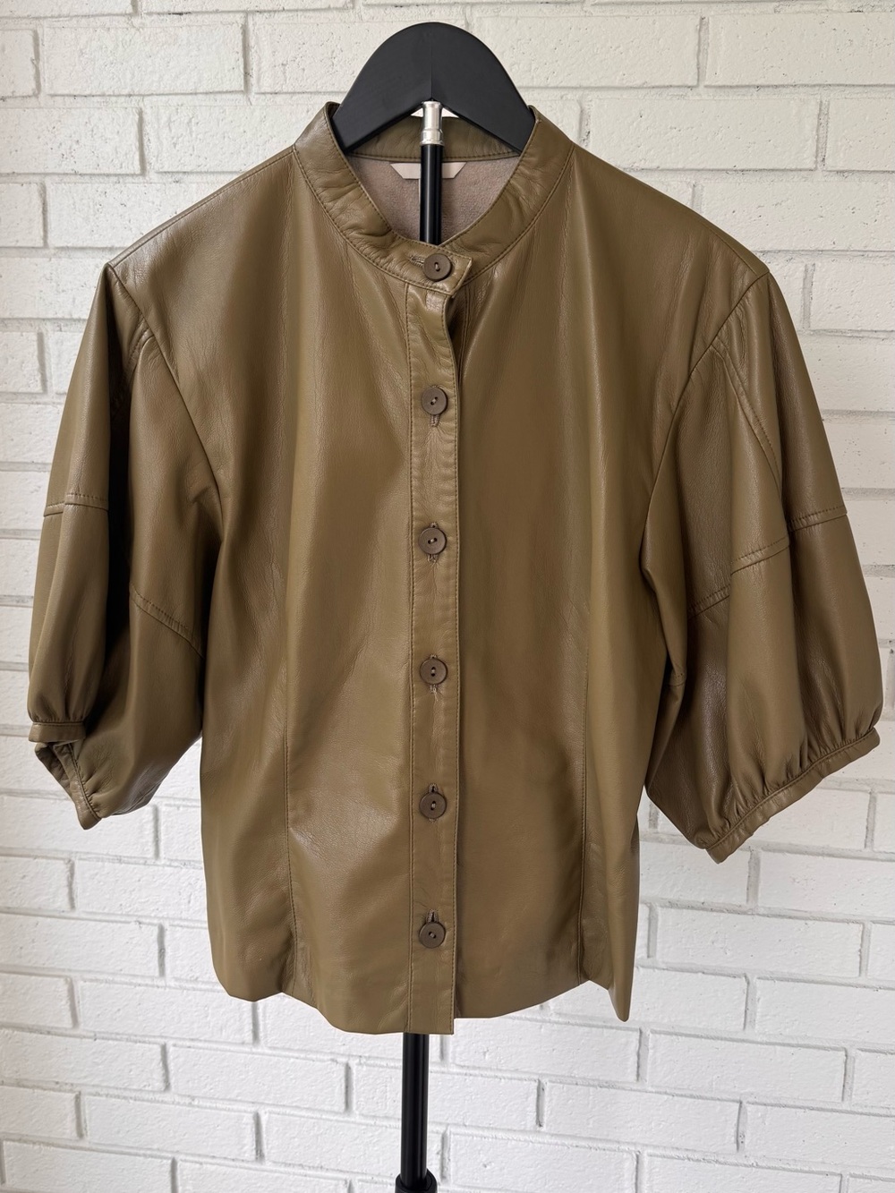 Joie Vegan Leather Button-Front Top – Olive Green – Puff Sleeve